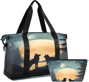 Kigai Wolf Gym Bag for Women & Men,Waterproof Weekender Overnight Bag with Shoes Compartment Sports Duffel Bag for Gym Yoga Swimming Camping