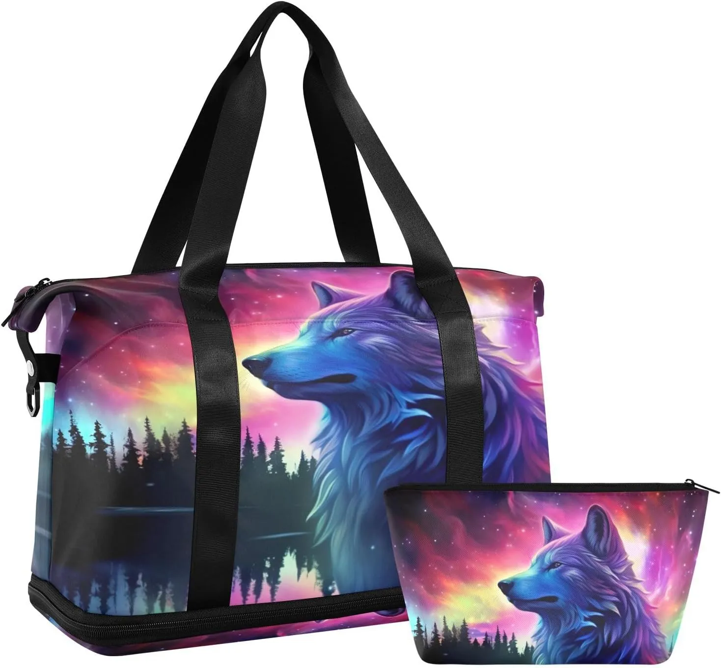 Kigai Wolf Gym Bag for Women & Men,Waterproof Weekender Overnight Bag with Shoes Compartment Sports Duffel Bag for Gym Yoga Swimming Camping