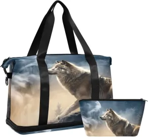 Kigai Wolf Gym Bag for Women & Men,Waterproof Weekender Overnight Bag with Shoes Compartment Sports Duffel Bag for Gym Yoga Swimming Camping