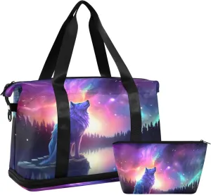 Kigai Wolf Gym Bag for Women & Men,Waterproof Weekender Overnight Bag with Shoes Compartment Sports Duffel Bag for Gym Yoga Swimming Camping