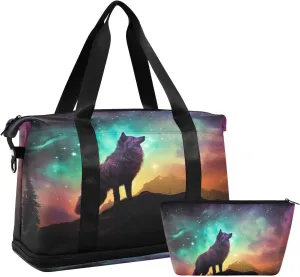 Kigai Wolf Gym Bag for Women & Men,Waterproof Weekender Overnight Bag with Shoes Compartment Sports Duffel Bag for Gym Yoga Swimming Camping
