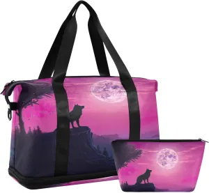Kigai Wolf Gym Bag for Women & Men,Waterproof Weekender Overnight Bag with Shoes Compartment Sports Duffel Bag for Gym Yoga Swimming Camping