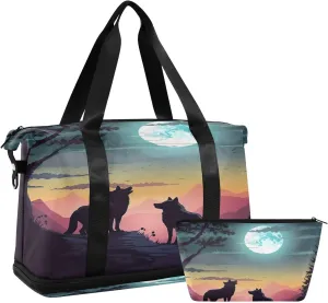 Kigai Wolf Gym Bag for Women & Men,Waterproof Weekender Overnight Bag with Shoes Compartment Sports Duffel Bag for Gym Yoga Swimming Camping