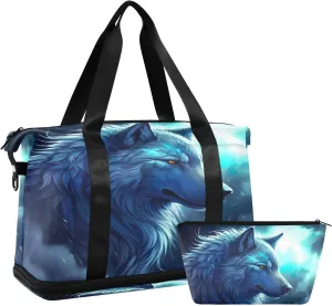 Kigai Wolf Gym Bag for Women & Men,Waterproof Weekender Overnight Bag with Shoes Compartment Sports Duffel Bag for Gym Yoga Swimming Camping