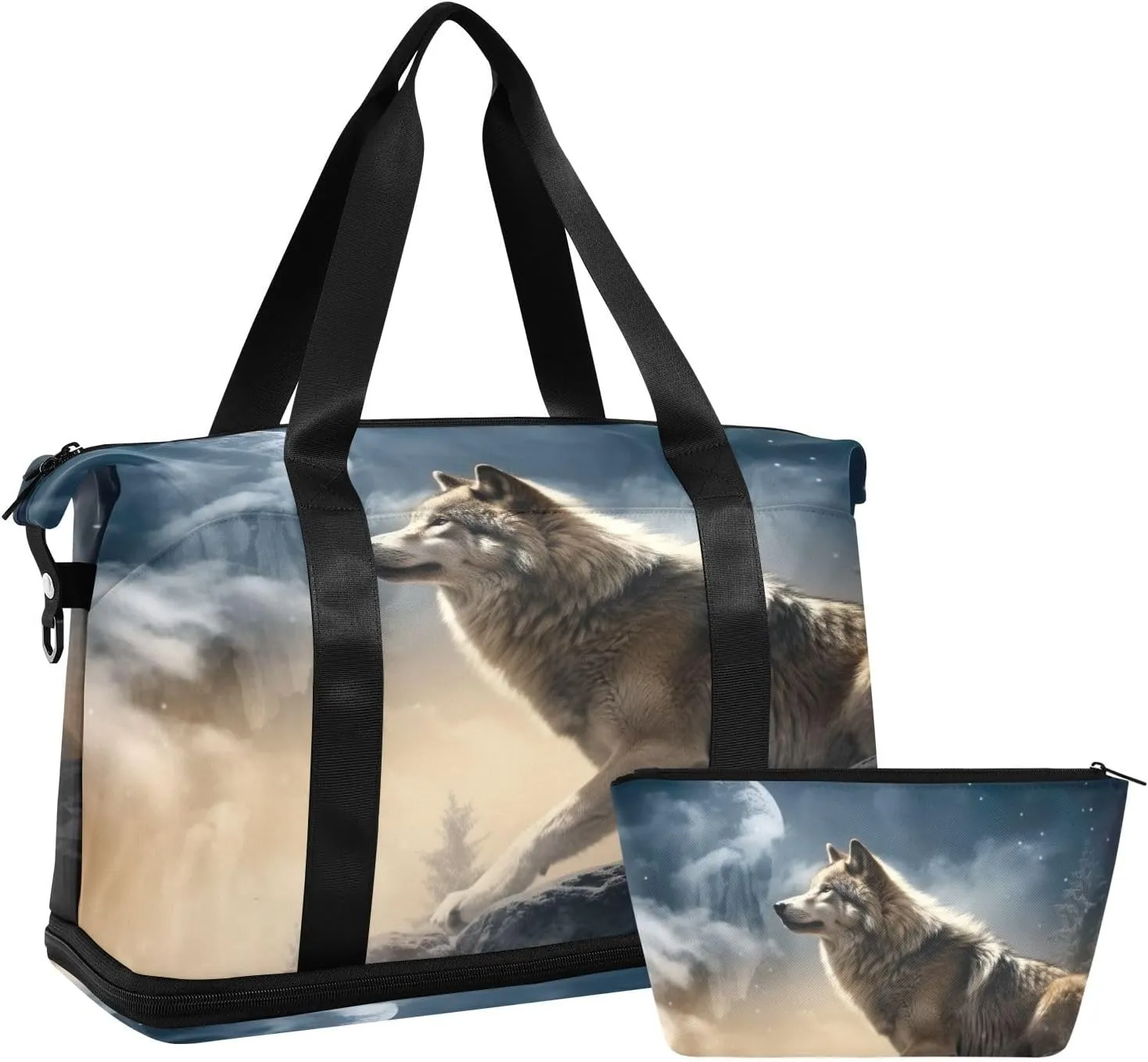 Kigai Wolf Gym Bag for Women & Men,Waterproof Weekender Overnight Bag with Shoes Compartment Sports Duffel Bag for Gym Yoga Swimming Camping