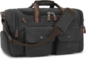 Koolehaoda 36-55L Canvas Expandable Duffle Bag for Men Women Traveling, Luggage Travel Bag with Shoes Compartment Weekender Travel Bag,Mens Gym Carry on Duffel Bags(204-black), Black, European and