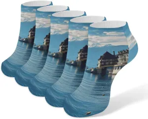 Lake Geneva Switzerland Ankle Socks Soft Breathable No Show Socks Comfortable Cotton Low Cut Casual Socks for Women Men 5 Pairs