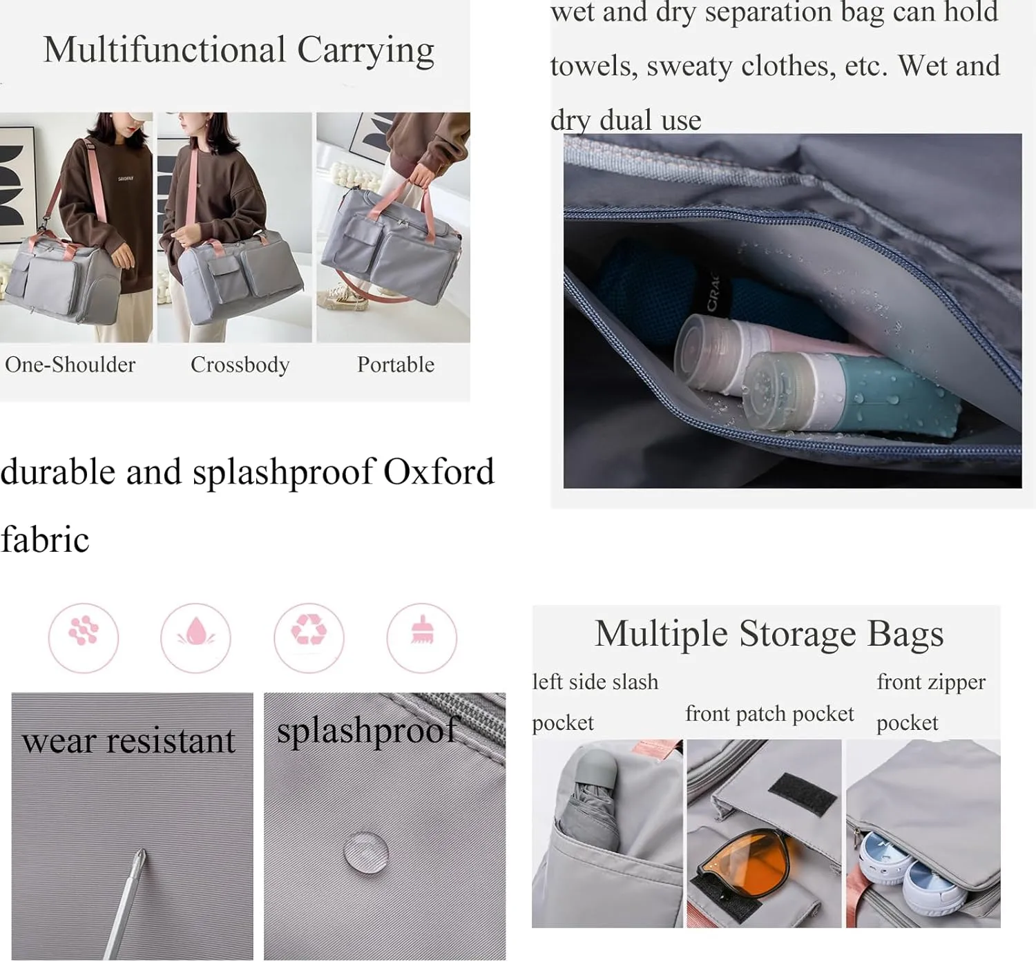 Large Capacity Gym Bag Waterproof Duffle Case with Shoes Compartment Foldable Weekender Overnight Handbag Sports Tote Bag with Dry Wet Separated Pocket