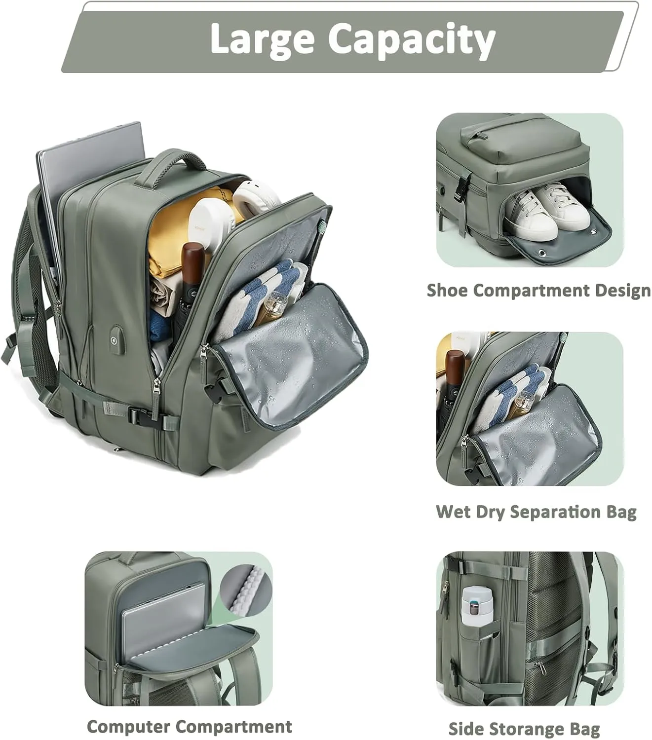 Large Travel Backpack for Women 40L Scalable Waterproof 16" Laptop Backpack Shoes Compartment Hiking Gym Backpack College Rucksack with USB Charging Port