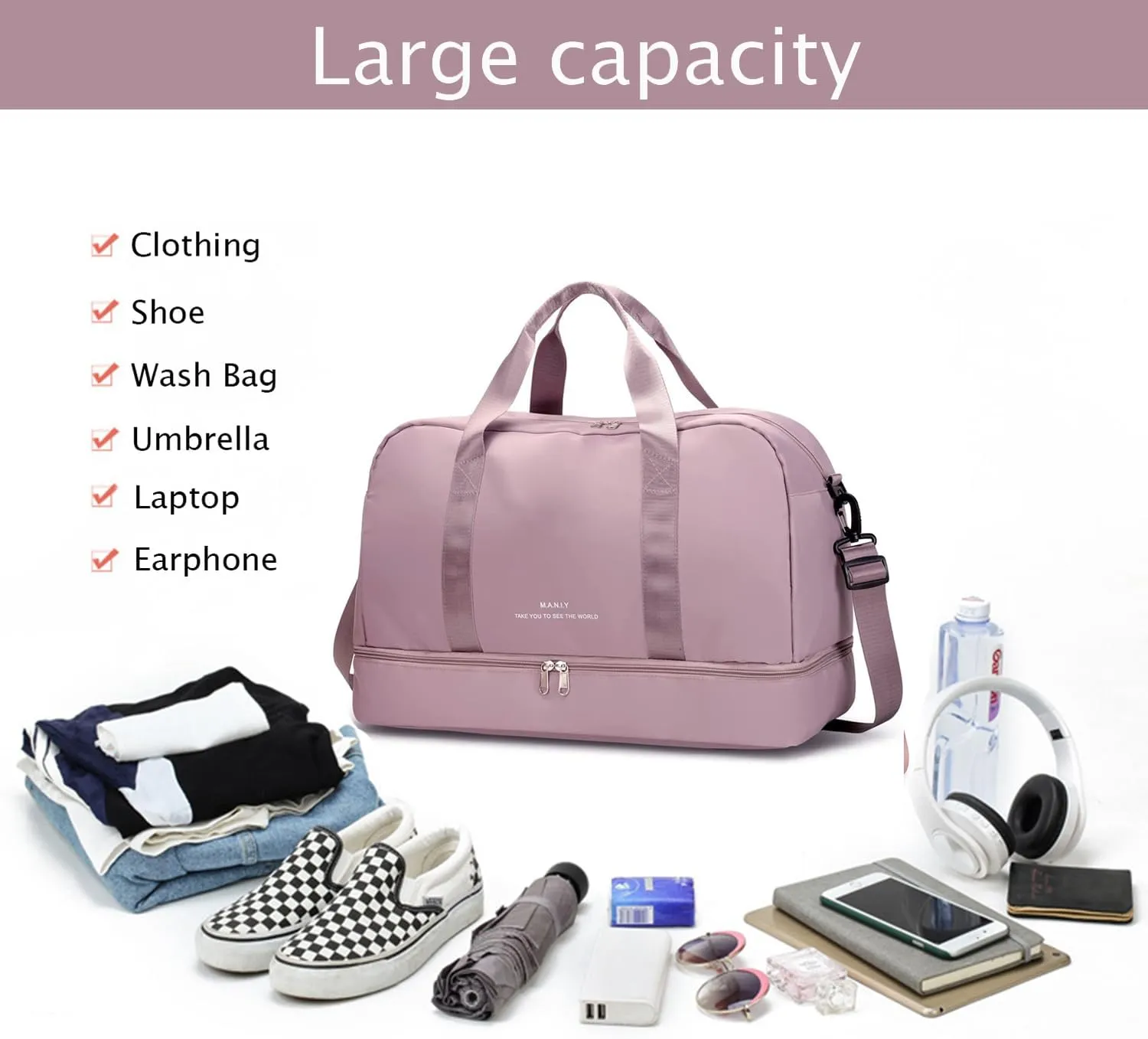 Light Gym Bag with Shoe Compartment, Large Capacity Sports Travel Duffle Bag with Wet Pocket for lady Weekender Overnight Aircraft Bag Pink