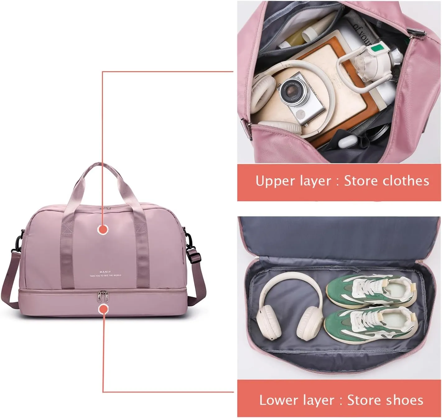 Light Gym Bag with Shoe Compartment, Large Capacity Sports Travel Duffle Bag with Wet Pocket for lady Weekender Overnight Aircraft Bag Pink