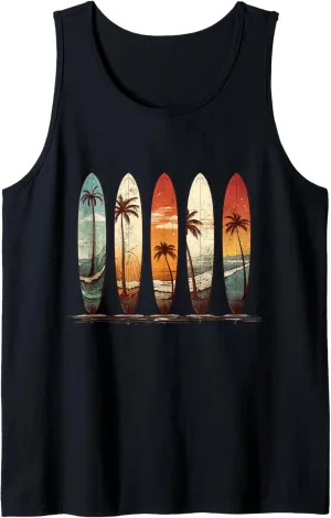 Longboard Surfboards Retro Vintage Style Palms Beach Surfing Tank Top