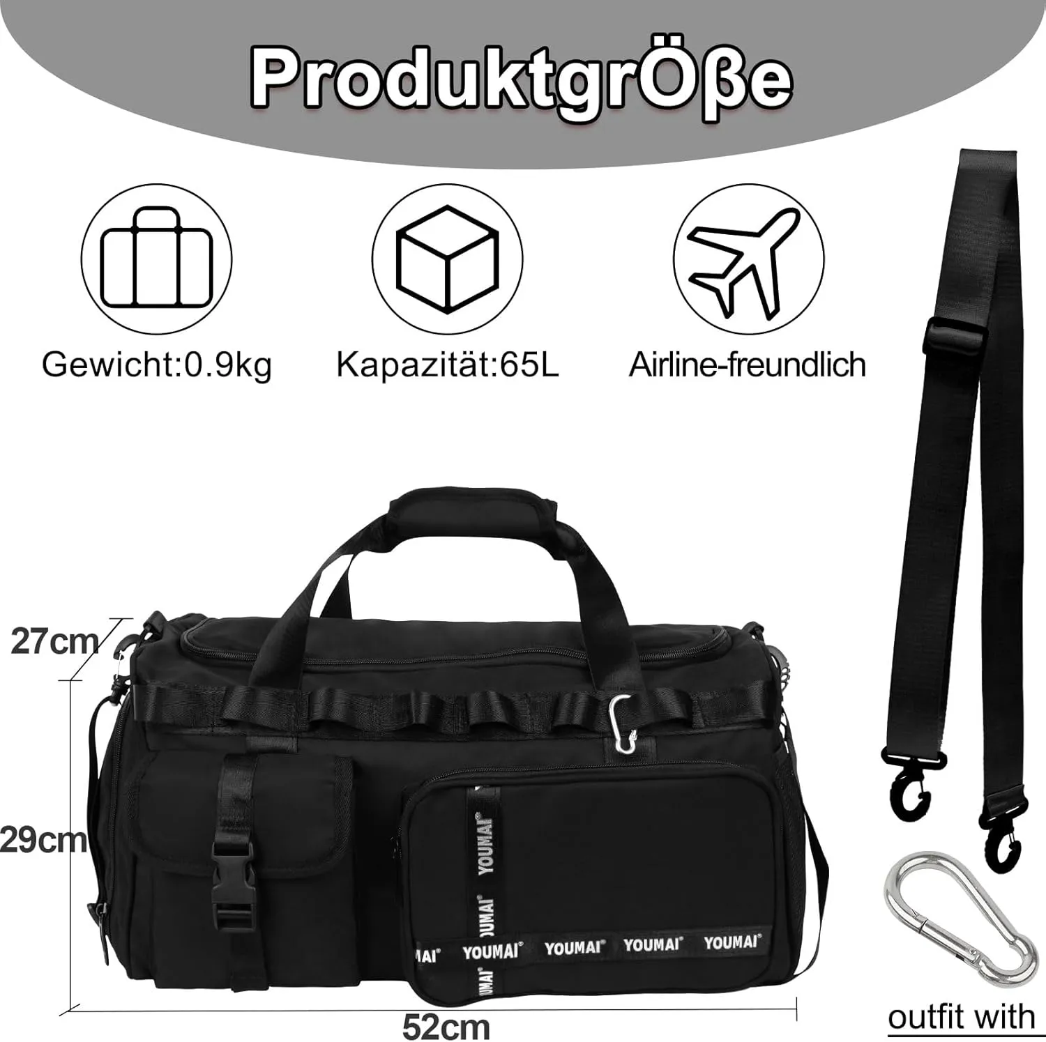 LONHCHI Sports Bag for Women and Men with Shoes Compartment and Wet Bag - Handbag for Travel, Gym, Fitness, Workout, Black, be fallow