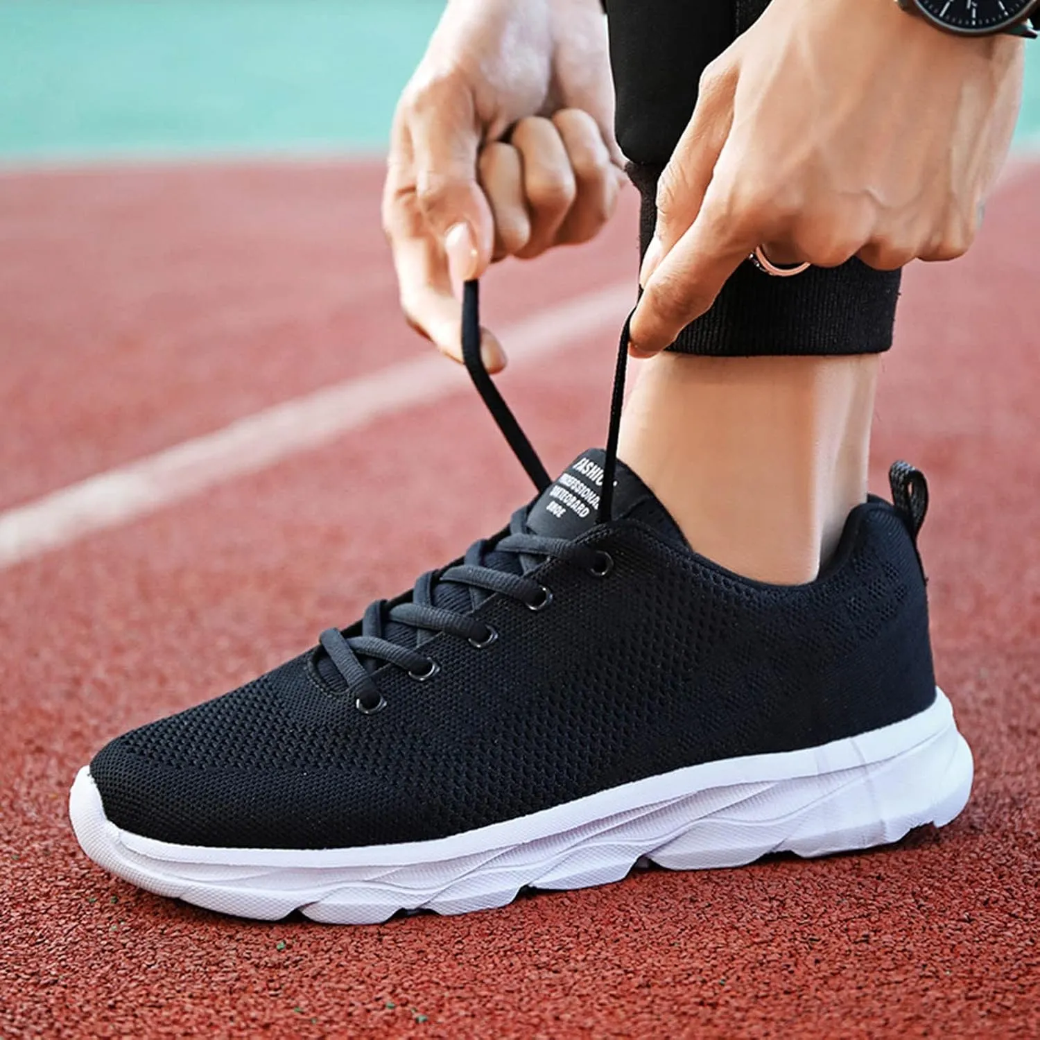 Mens Running Shoes Knit Mesh Fashion Sneakers Lace Up Platform for Food Service Casual Trainers Comfortable Sneaker Non-Slip Lightweight Breathable All Black Shoes