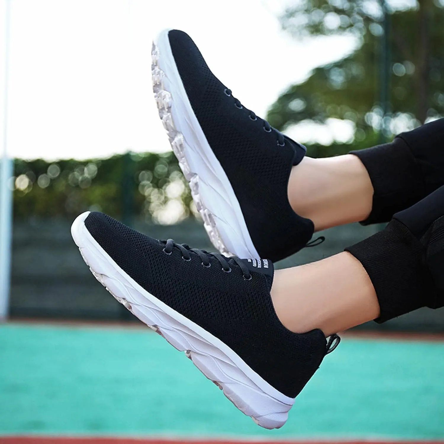 Mens Running Shoes Knit Mesh Fashion Sneakers Lace Up Platform for Food Service Casual Trainers Comfortable Sneaker Non-Slip Lightweight Breathable All Black Shoes