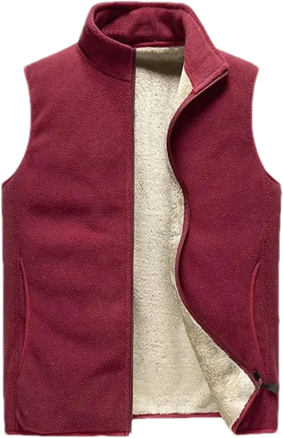 Mens Stand Collar Zipper Solid Plush Vest Casual Vintage Warm Hiking Sleeveless Jacket