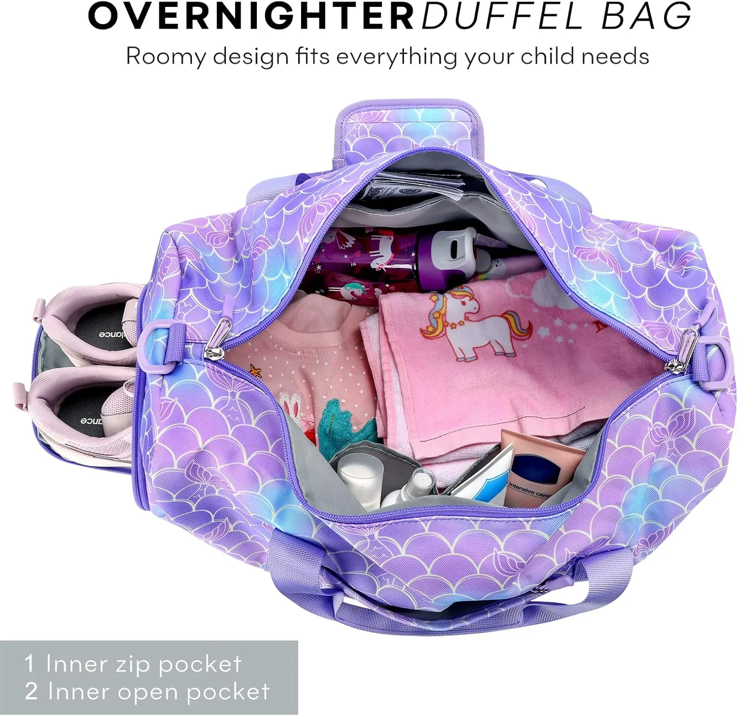 mibasies Dance Bag for Girls Duffle Bag Kids Overnight Travel Sleepover Bags Sport Gym Bag with Shoes Compartment, Chunky Purple Rainbow1