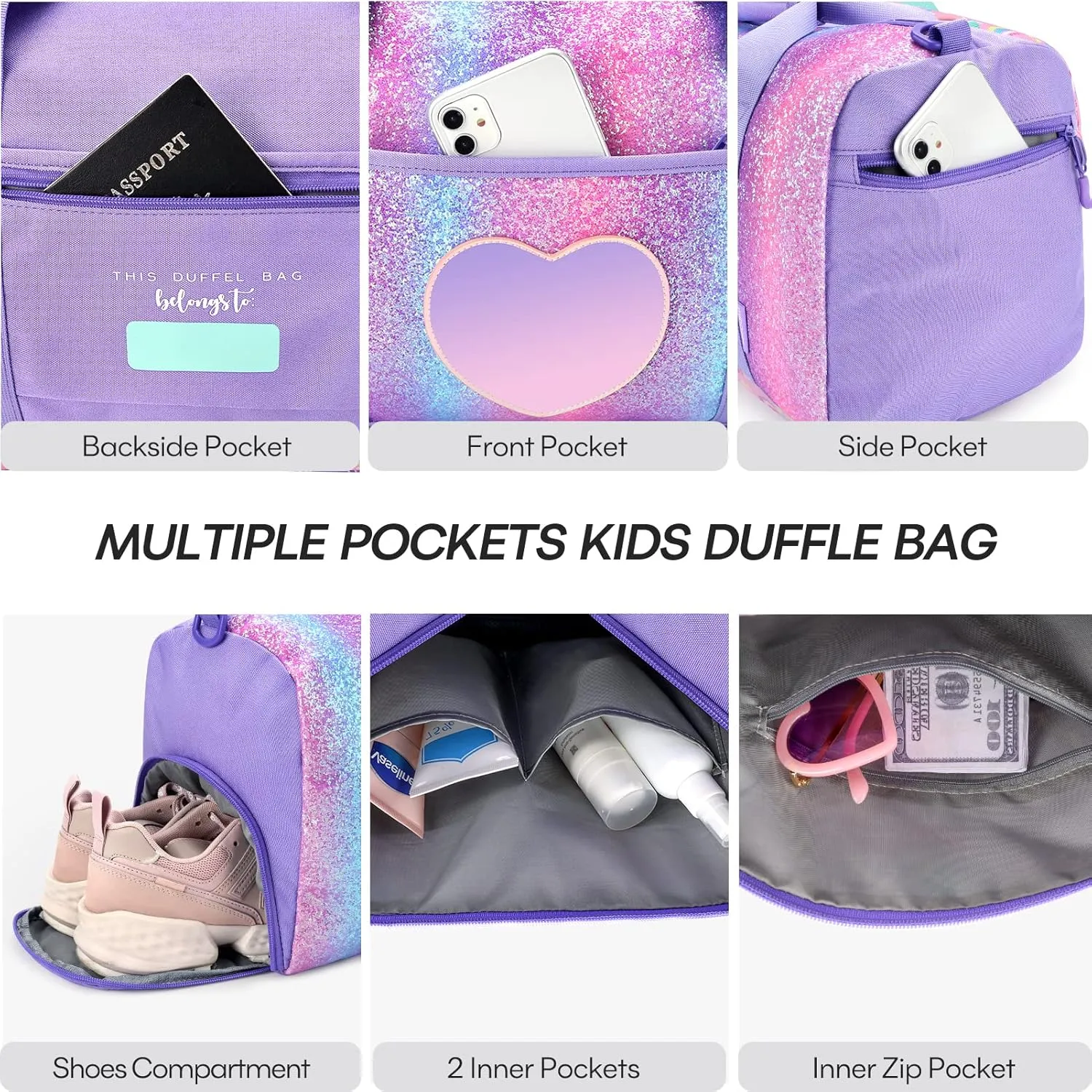 mibasies Dance Bag for Girls Duffle Bag Kids Overnight Travel Sleepover Bags Sport Gym Bag with Shoes Compartment, Chunky Purple Rainbow1
