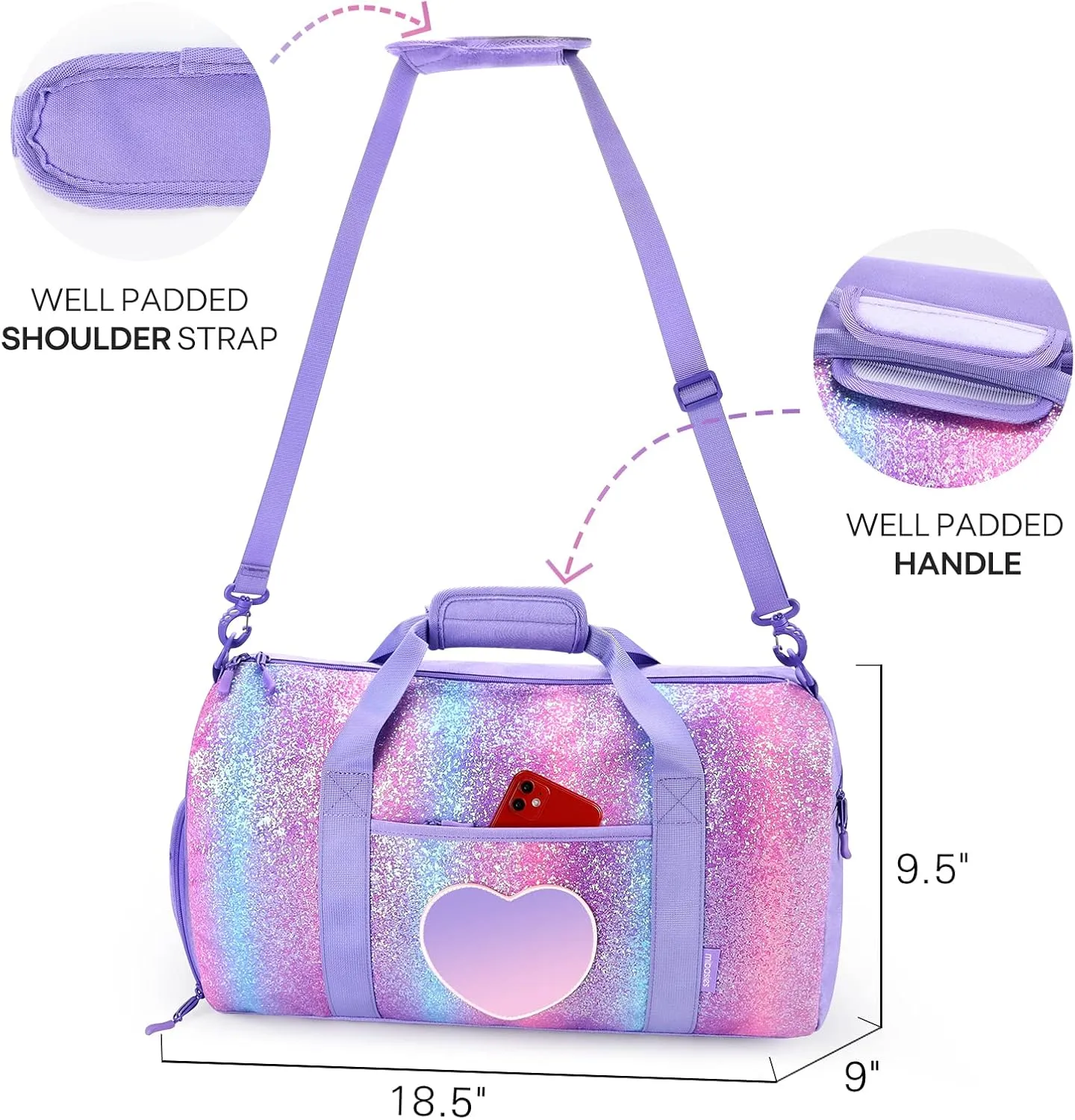 mibasies Dance Bag for Girls Duffle Bag Kids Overnight Travel Sleepover Bags Sport Gym Bag with Shoes Compartment, Chunky Purple Rainbow1