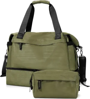 Military Green Gym Bag for Women - Weekender Duffel with Shoes Compartment, Wet Pocket & USB Charging Port, Carry On for Travel, Gym & Weekend