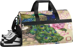 Peacocks Watercolor Resistant Sports Gym Bag for Women Men Travel Duffel bag with Wet Pocket & Shoes Compartment Waterproof Weekender Bag 19.7"x9.9"x13"