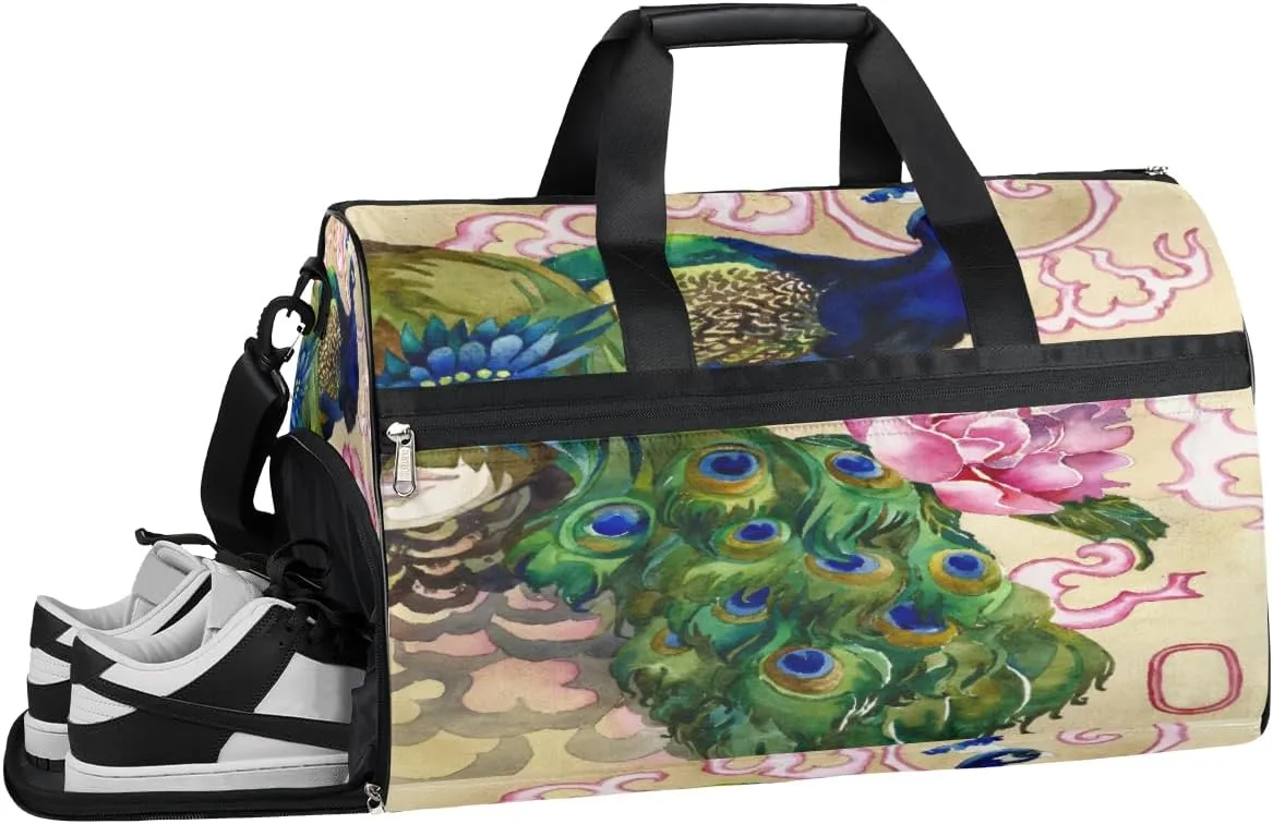 Peacocks Watercolor Resistant Sports Gym Bag for Women Men Travel Duffel bag with Wet Pocket & Shoes Compartment Waterproof Weekender Bag 19.7"x9.9"x13"