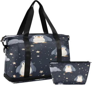 Penguins and Stars Gym Bag for Men Women with Shoes Compartment & Wet Pocket Sport Travel Duffel Bag Waterproof Weekender Overnight Bag
