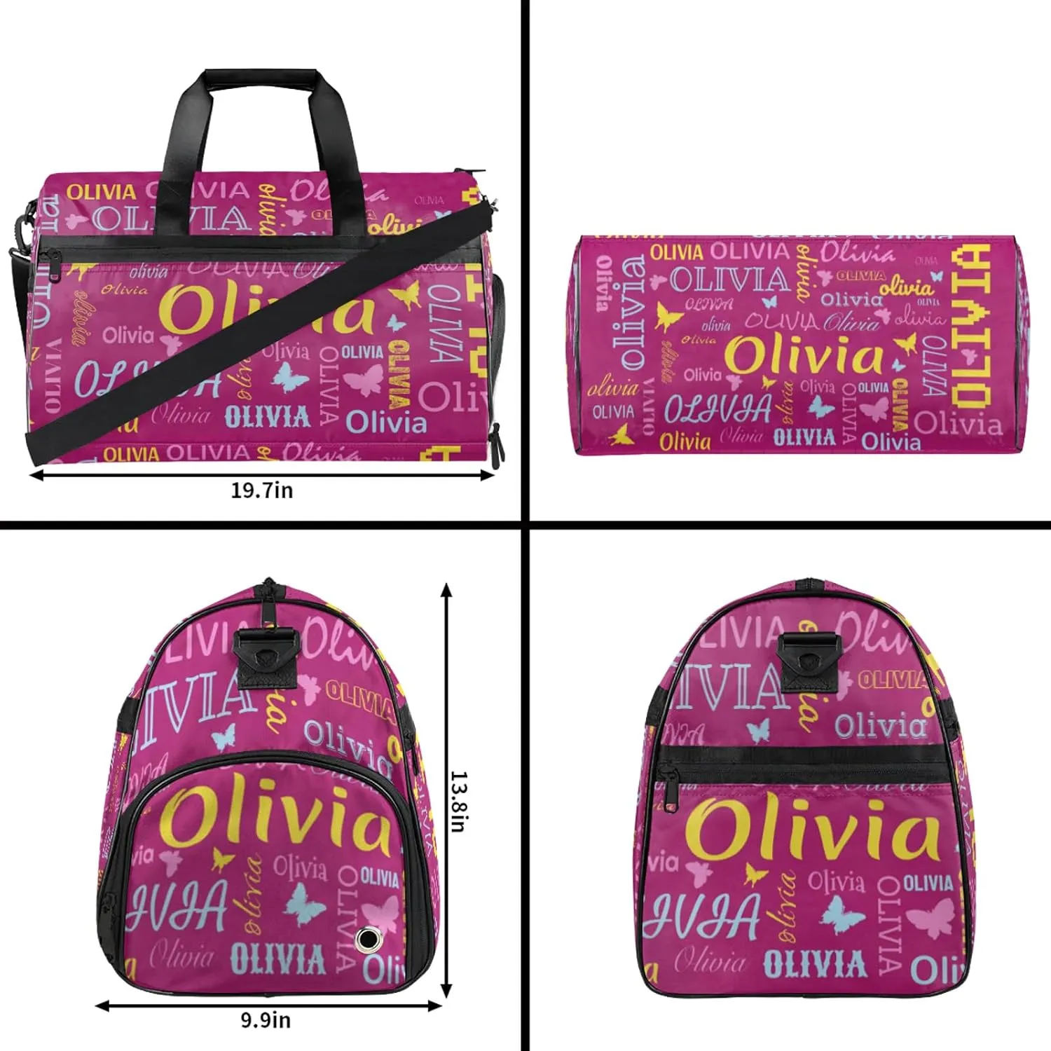Personalized Butterfly Duffel Bag with Shoes Compartment Custom Name Travel Sports Bag for Women Men Waterproof Dance Ballet Bag Lightweight, Berry