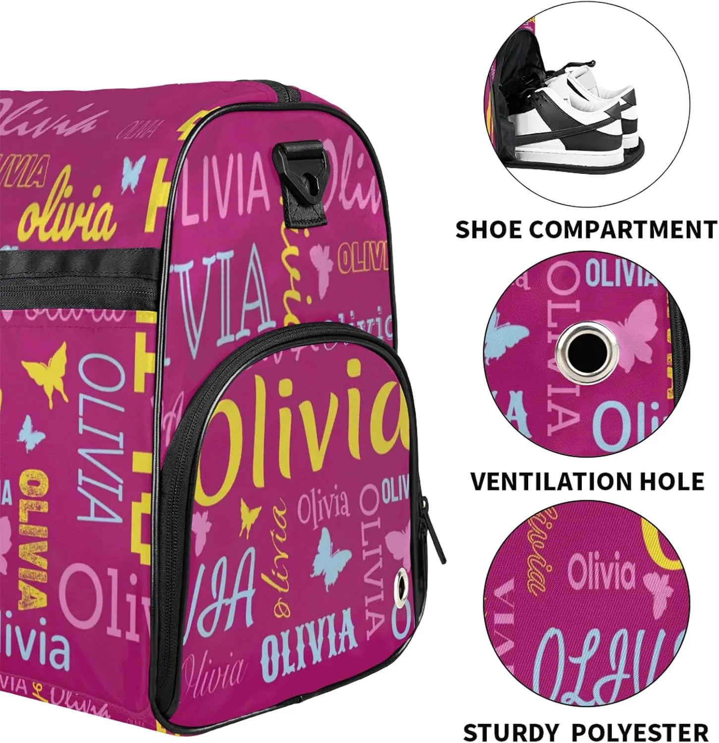 Personalized Butterfly Duffel Bag with Shoes Compartment Custom Name Travel Sports Bag for Women Men Waterproof Dance Ballet Bag Lightweight, Berry