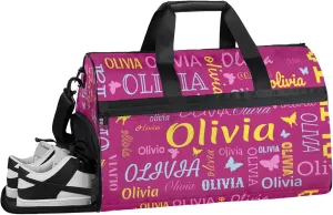 Personalized Butterfly Duffel Bag with Shoes Compartment Custom Name Travel Sports Bag for Women Men Waterproof Dance Ballet Bag Lightweight, Berry