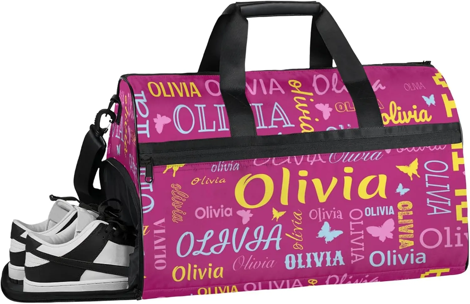 Personalized Butterfly Duffel Bag with Shoes Compartment Custom Name Travel Sports Bag for Women Men Waterproof Dance Ballet Bag Lightweight, Berry