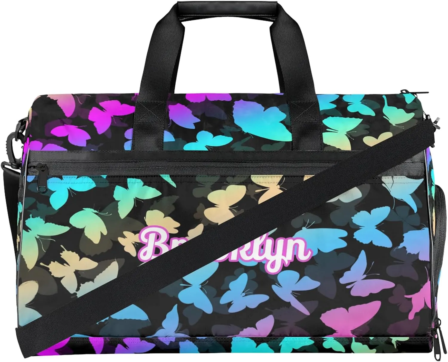 Personalized Butterfly Duffel Bag with Shoes Compartment Custom Name Travel Sports Bag for Women Men Waterproof Dance Ballet Bag Lightweight, Blue Purple