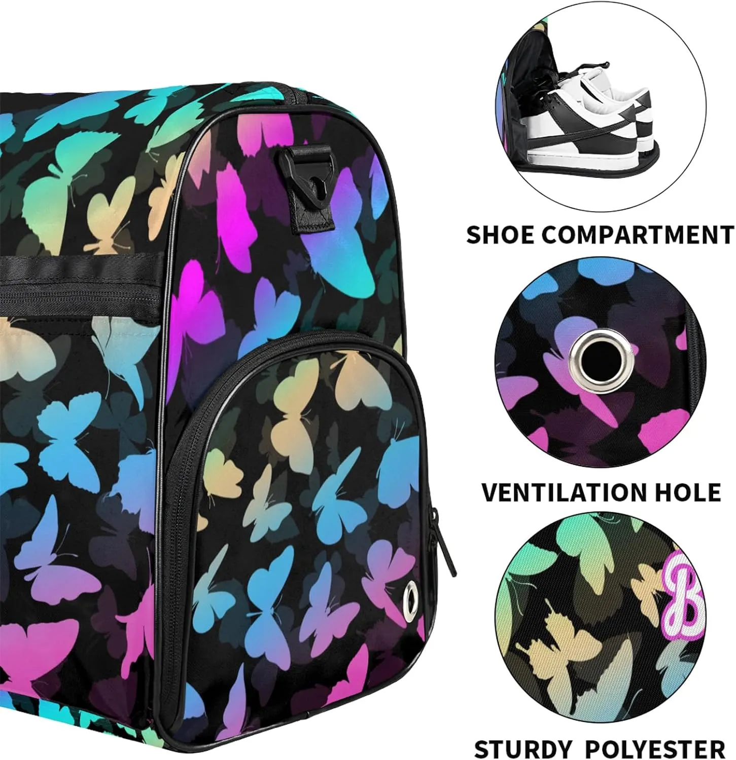 Personalized Butterfly Duffel Bag with Shoes Compartment Custom Name Travel Sports Bag for Women Men Waterproof Dance Ballet Bag Lightweight, Blue Purple
