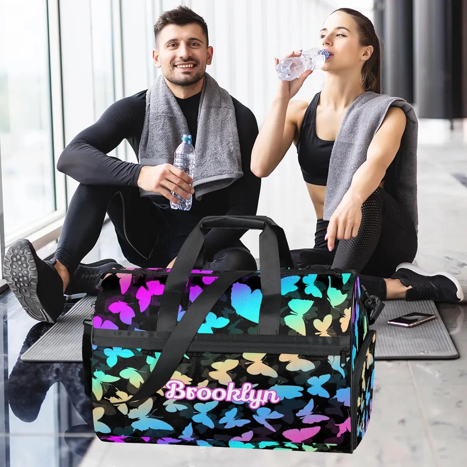 Personalized Butterfly Duffel Bag with Shoes Compartment Custom Name Travel Sports Bag for Women Men Waterproof Dance Ballet Bag Lightweight, Blue Purple