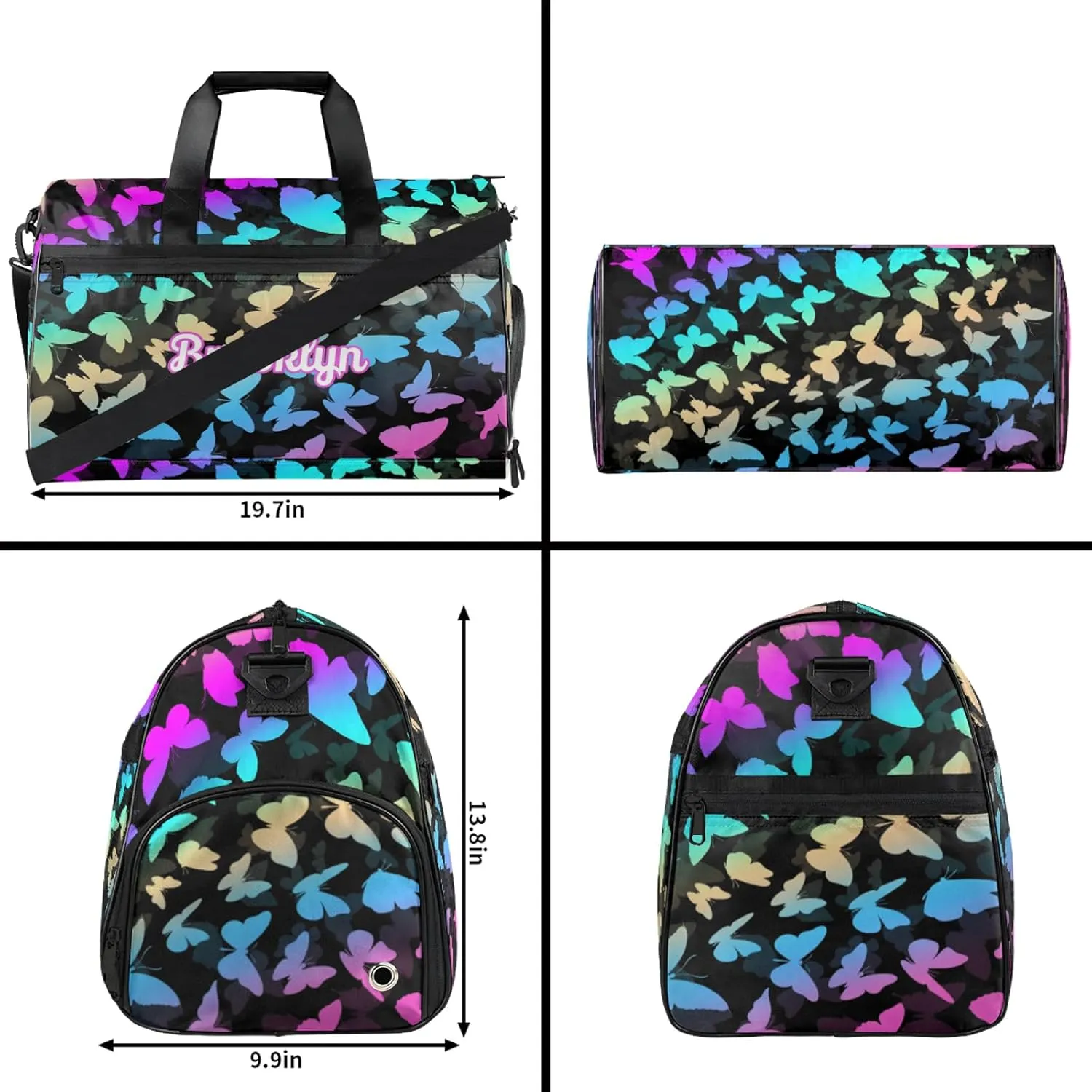 Personalized Butterfly Duffel Bag with Shoes Compartment Custom Name Travel Sports Bag for Women Men Waterproof Dance Ballet Bag Lightweight, Blue Purple