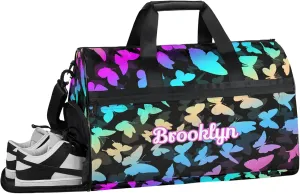 Personalized Butterfly Duffel Bag with Shoes Compartment Custom Name Travel Sports Bag for Women Men Waterproof Dance Ballet Bag Lightweight, Blue Purple