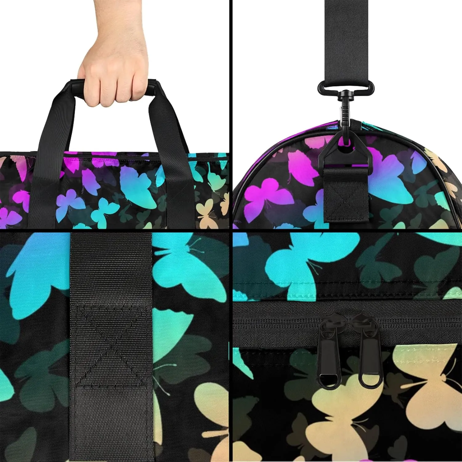 Personalized Butterfly Duffel Bag with Shoes Compartment Custom Name Travel Sports Bag for Women Men Waterproof Dance Ballet Bag Lightweight, Blue Purple