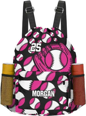 Personalized Sport Baseball Hot Pink Drawstring Backpack Sports Gym Bag with Shoes Compartment, Water-Resistant String Backpack Cinch for Women Men