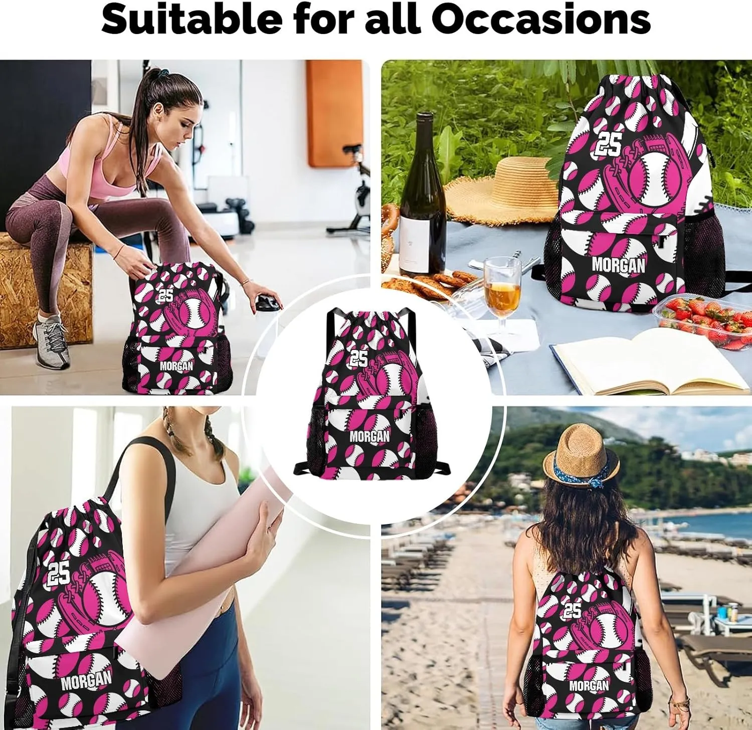Personalized Sport Baseball Hot Pink Drawstring Backpack Sports Gym Bag with Shoes Compartment, Water-Resistant String Backpack Cinch for Women Men