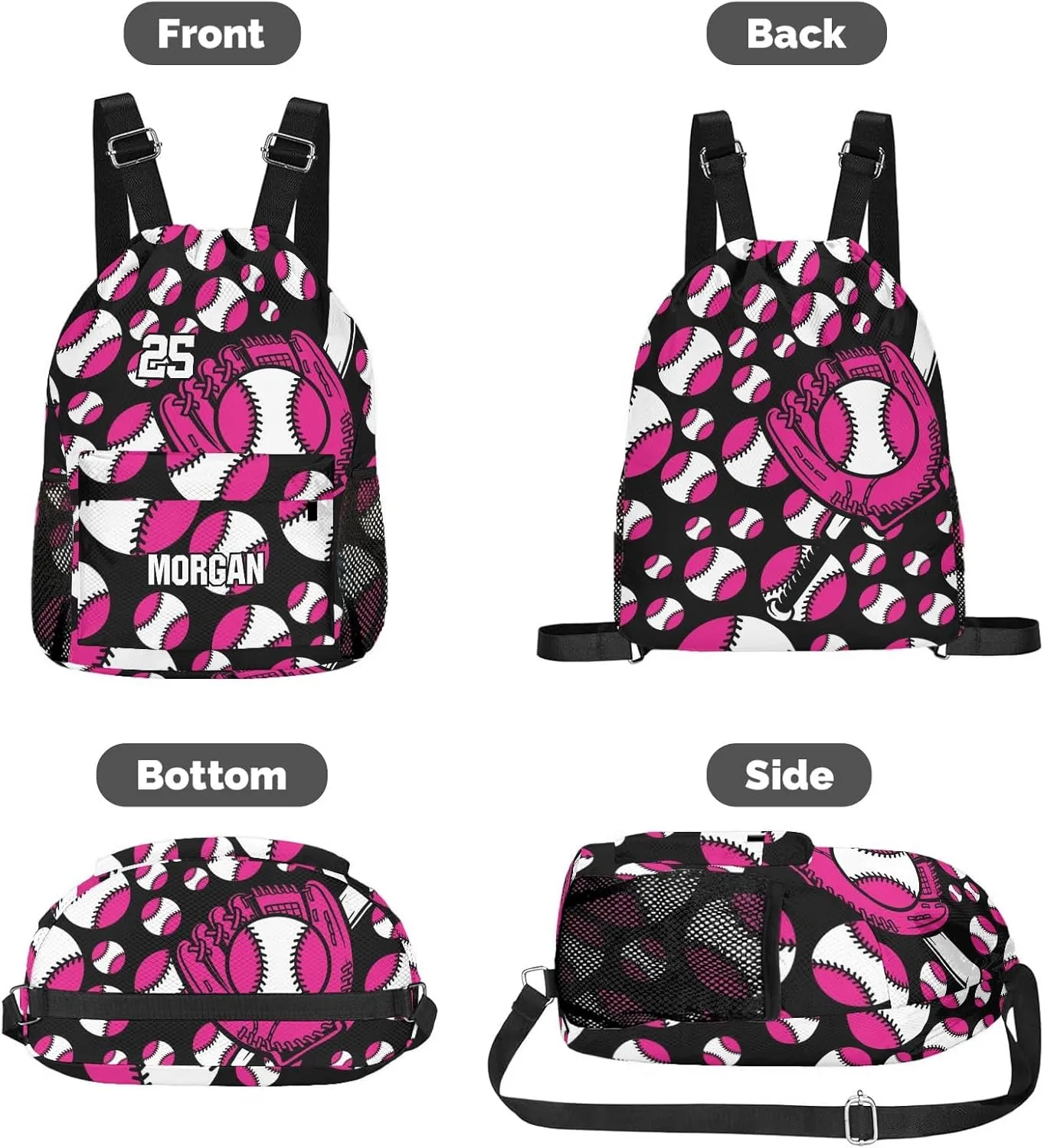 Personalized Sport Baseball Hot Pink Drawstring Backpack Sports Gym Bag with Shoes Compartment, Water-Resistant String Backpack Cinch for Women Men
