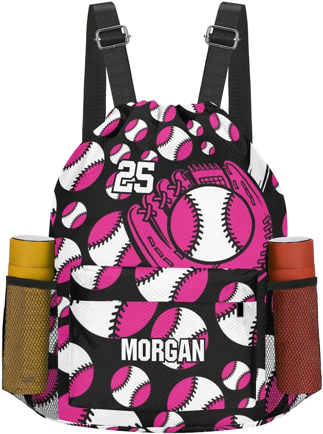 Personalized Sport Baseball Hot Pink Drawstring Backpack Sports Gym Bag with Shoes Compartment, Water-Resistant String Backpack Cinch for Women Men