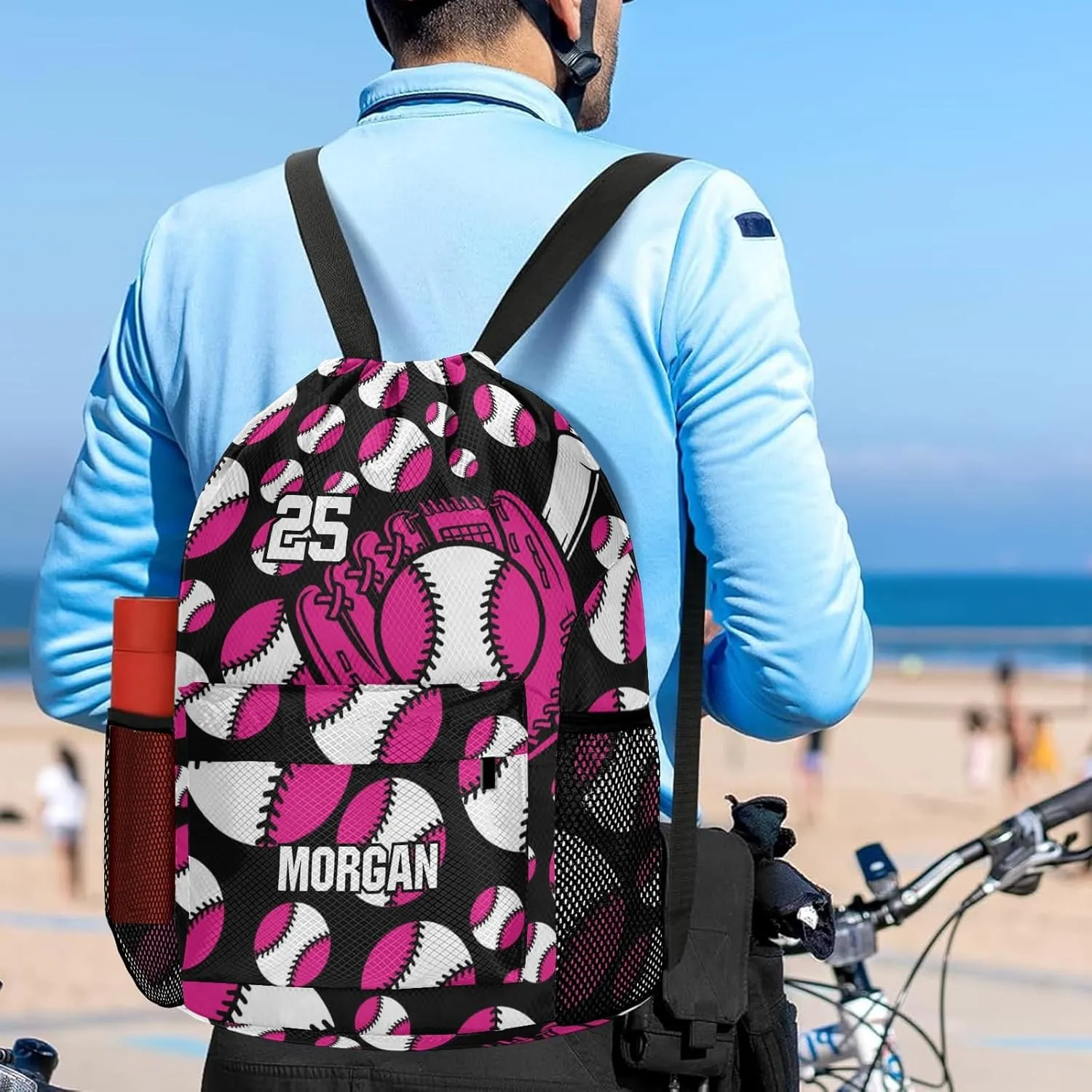 Personalized Sport Baseball Hot Pink Drawstring Backpack Sports Gym Bag with Shoes Compartment, Water-Resistant String Backpack Cinch for Women Men