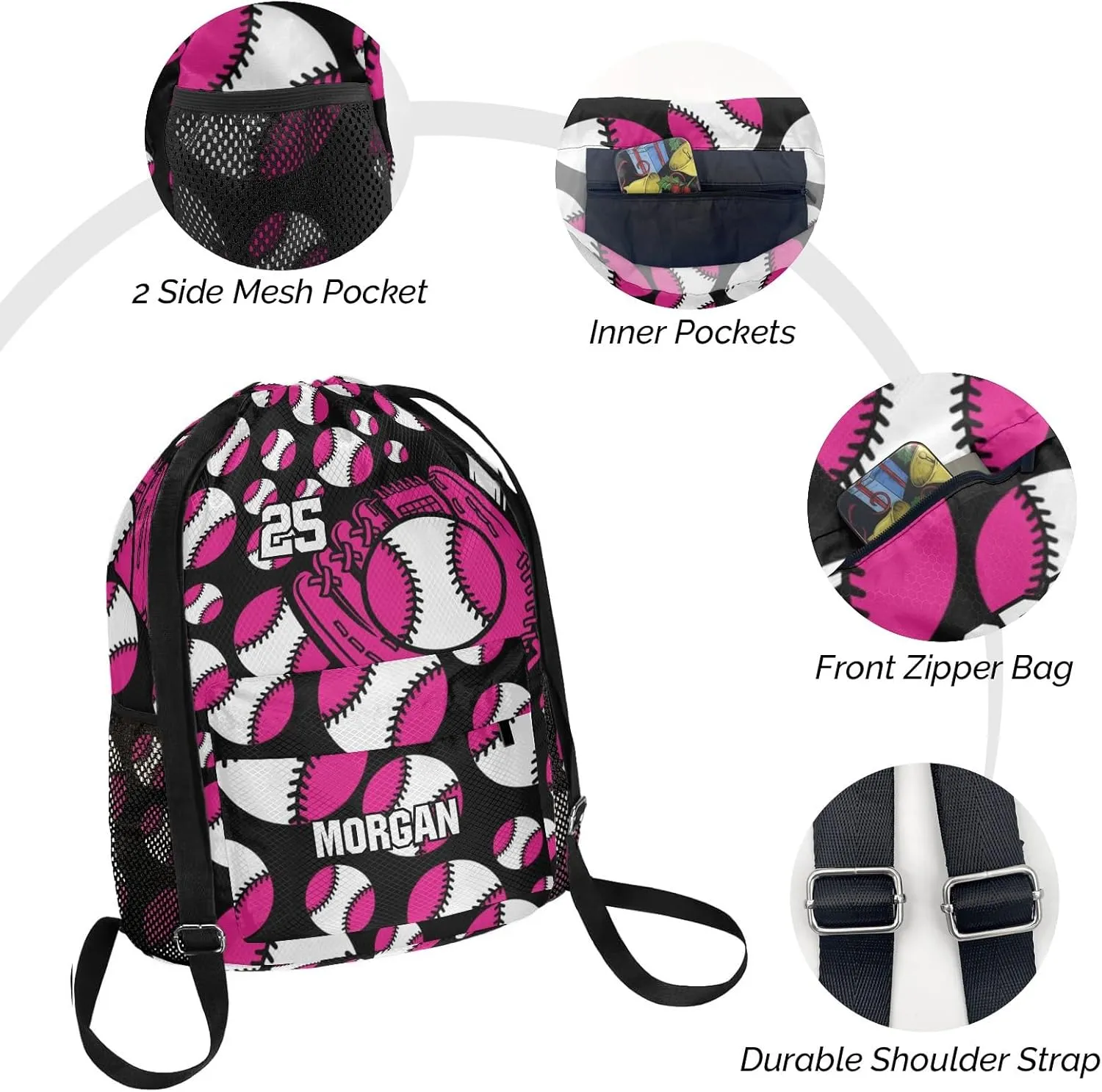 Personalized Sport Baseball Hot Pink Drawstring Backpack Sports Gym Bag with Shoes Compartment, Water-Resistant String Backpack Cinch for Women Men