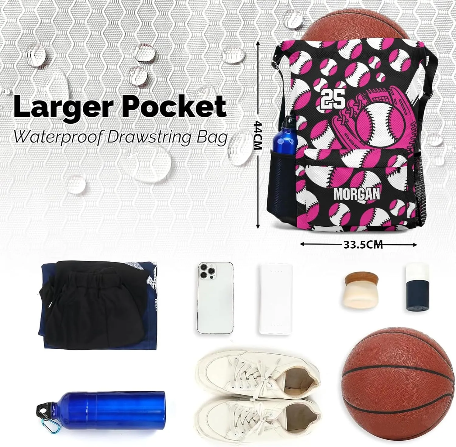 Personalized Sport Baseball Hot Pink Drawstring Backpack Sports Gym Bag with Shoes Compartment, Water-Resistant String Backpack Cinch for Women Men