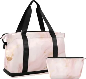 Pink and Gold Marble Gym Bag for Men Women with Shoes Compartment & Wet Pocket Sport Travel Duffel Bag Waterproof Weekender Overnight Bag