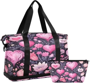 Pink Hearts and Flowers Gym Bag for Men Women with Shoes Compartment & Wet Pocket Sport Travel Duffel Bag Waterproof Weekender Overnight Bag