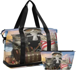 Pirate Captain Cat Sports Gym Bag,Travel Duffel bag with Wet Pocket & Shoes Compartment Lightweight Waterproof Overnight Bag for Men Women