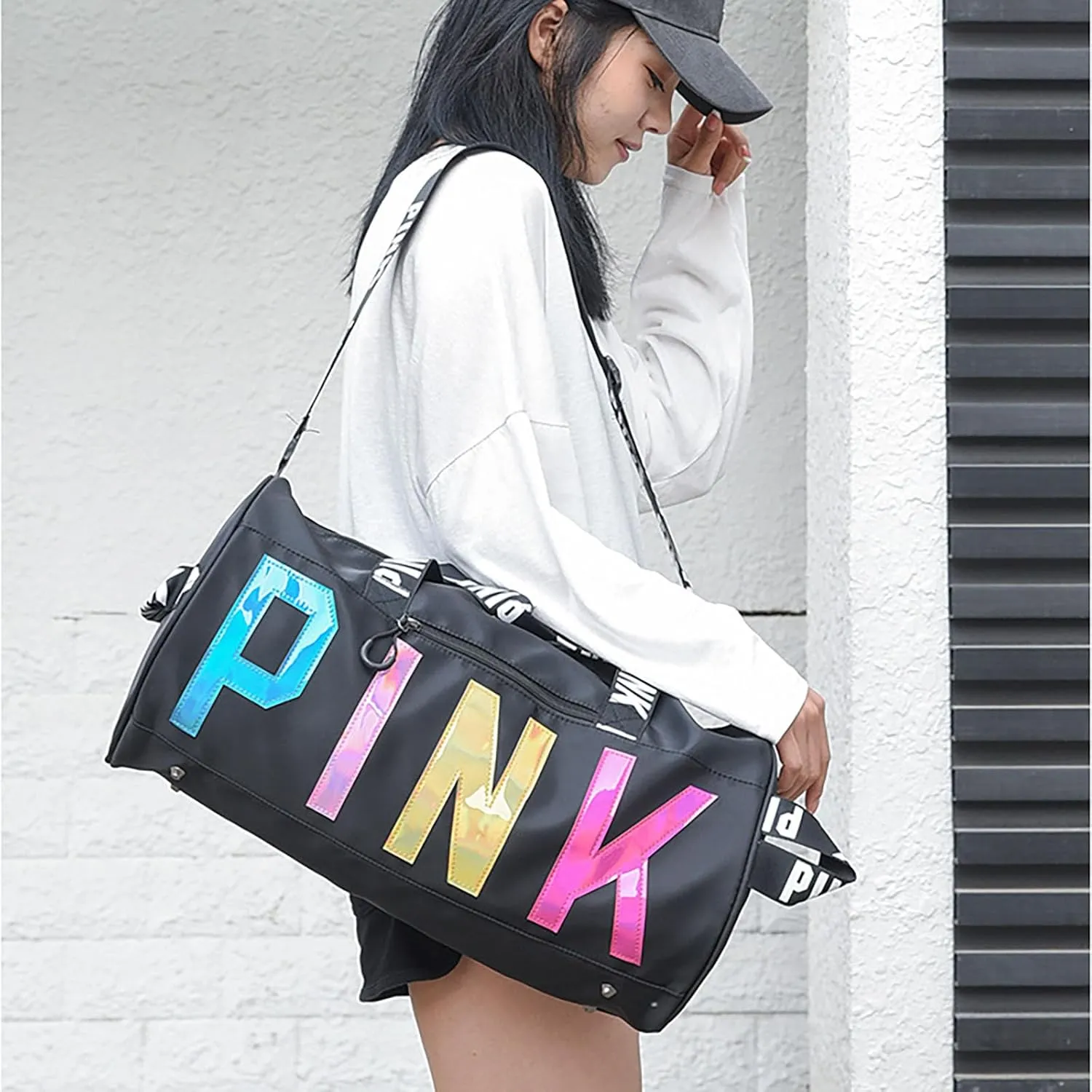 Printed Travel Tote Bag Dry Wet Separation Sports Duffels Bag with Shoes Compartment Weekender Bag for Women and Men (Black Laser)