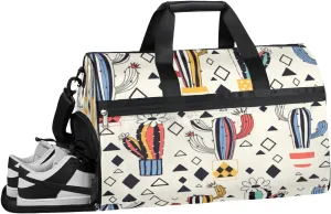 QsirBC Cactus Geometric Pattern Gym Bag for Women Duffle Tote with Shoes Compartment Men Weekender Duffel For Travel Sports Swimming Overnight