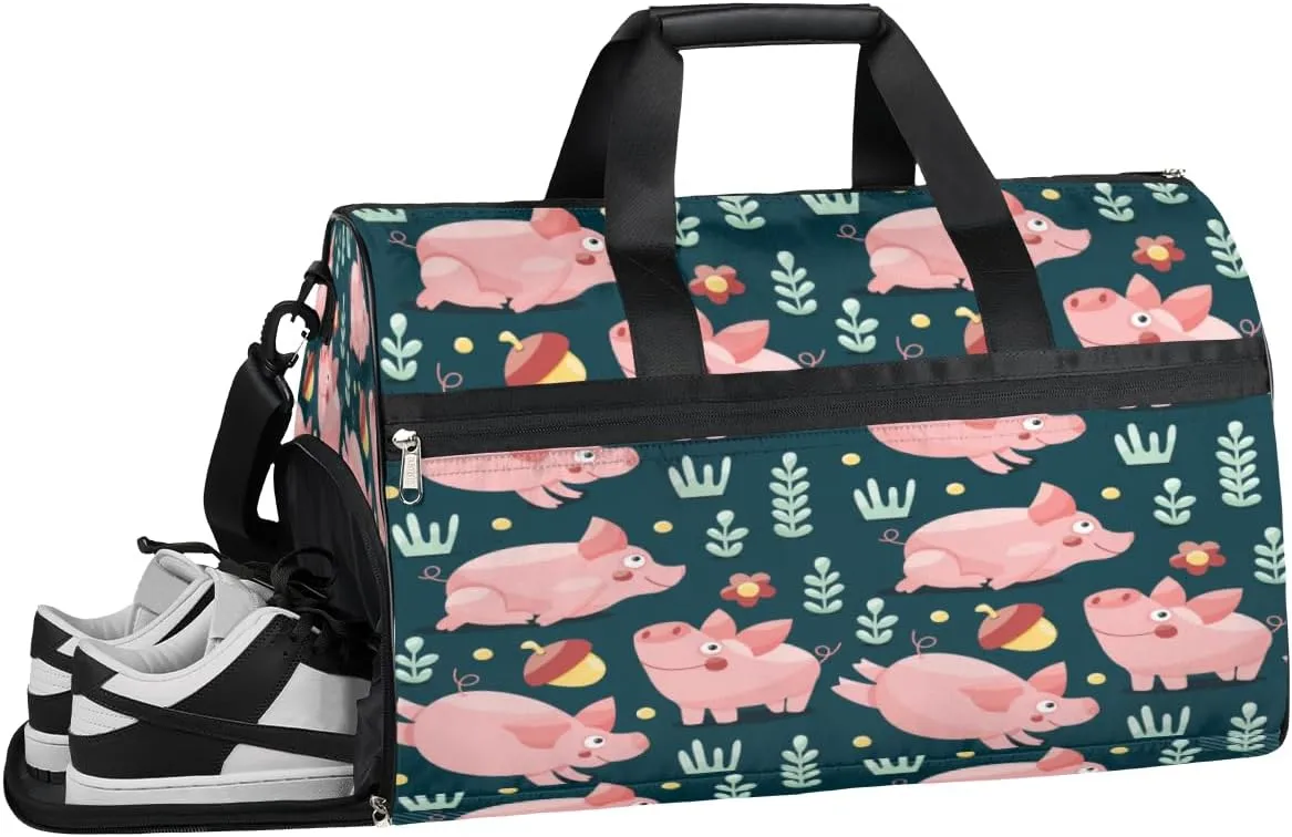 QsirBC Cartoon Pink Pigs Motif Gym Bag for Women Duffle Tote with Shoes Compartment Men Weekender Duffel For Travel Sports Swimming Overnight